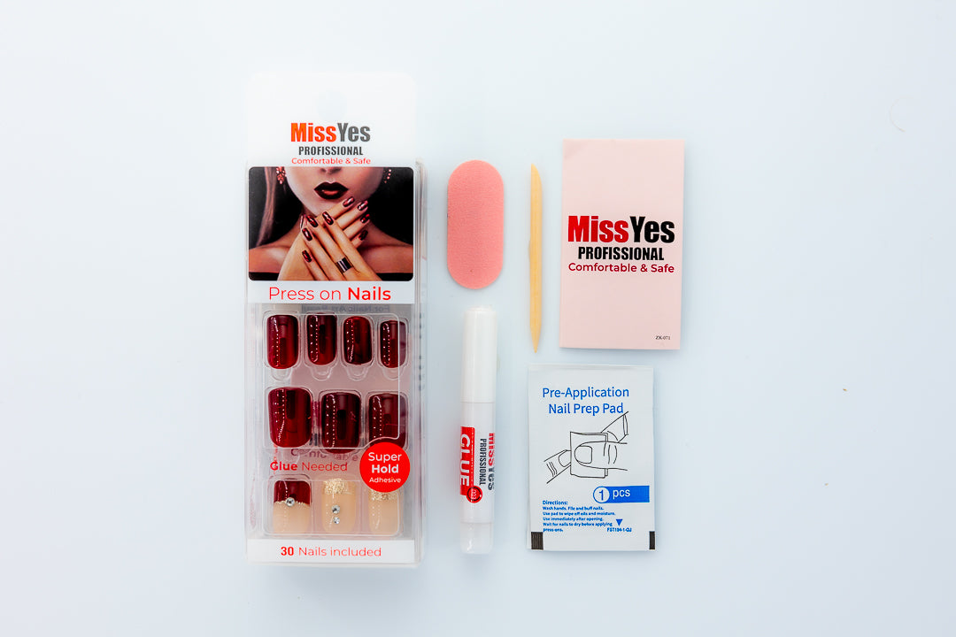 MissYes Press-On Nails Red French with Diamond - Squoval
