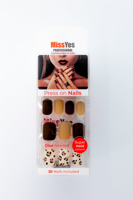 MissYes Press-On Nails Brown Beige and White - Squoval