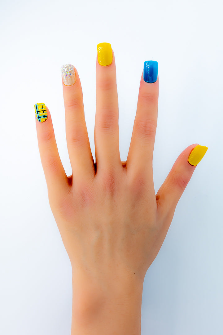 MissYes Press-On Nails Yellow, Blue and White Silver - Squoval