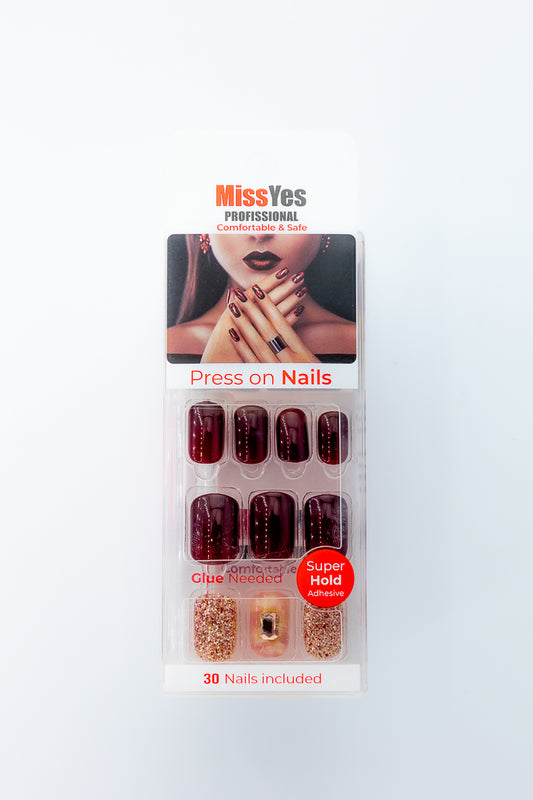 MissYes Press-On Nails Red with Gold and Diamond - Squoval