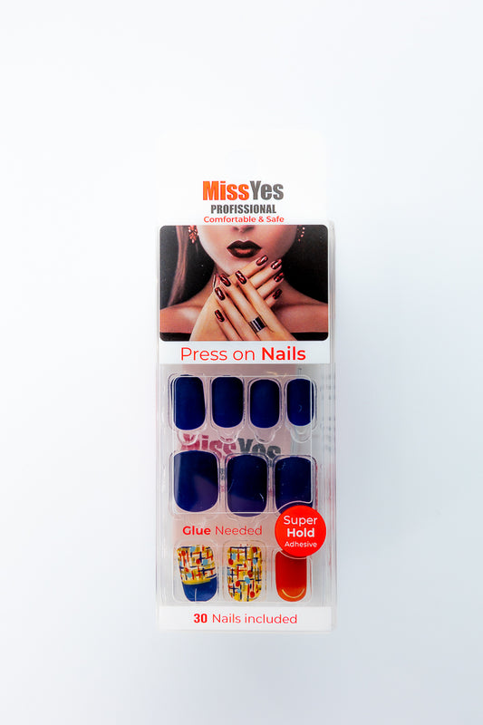 MissYes Press-On Nails Blue With Red Squoval
