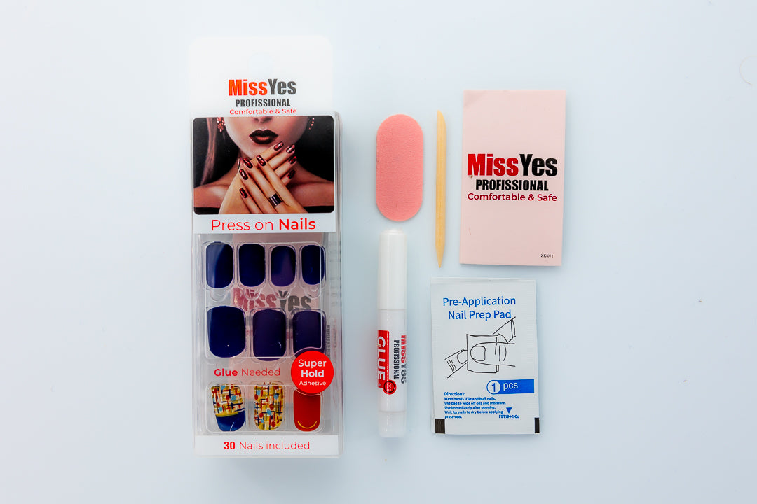 MissYes Press-On Nails Blue With Red Squoval