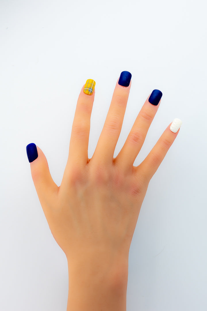 MissYes Press-On Nails Blue with Grey and Yellow - Squoval