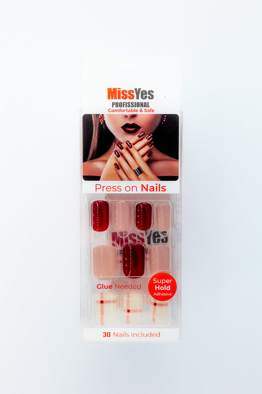 MissYes Press-On Nails Red with Beige and White - Squoval