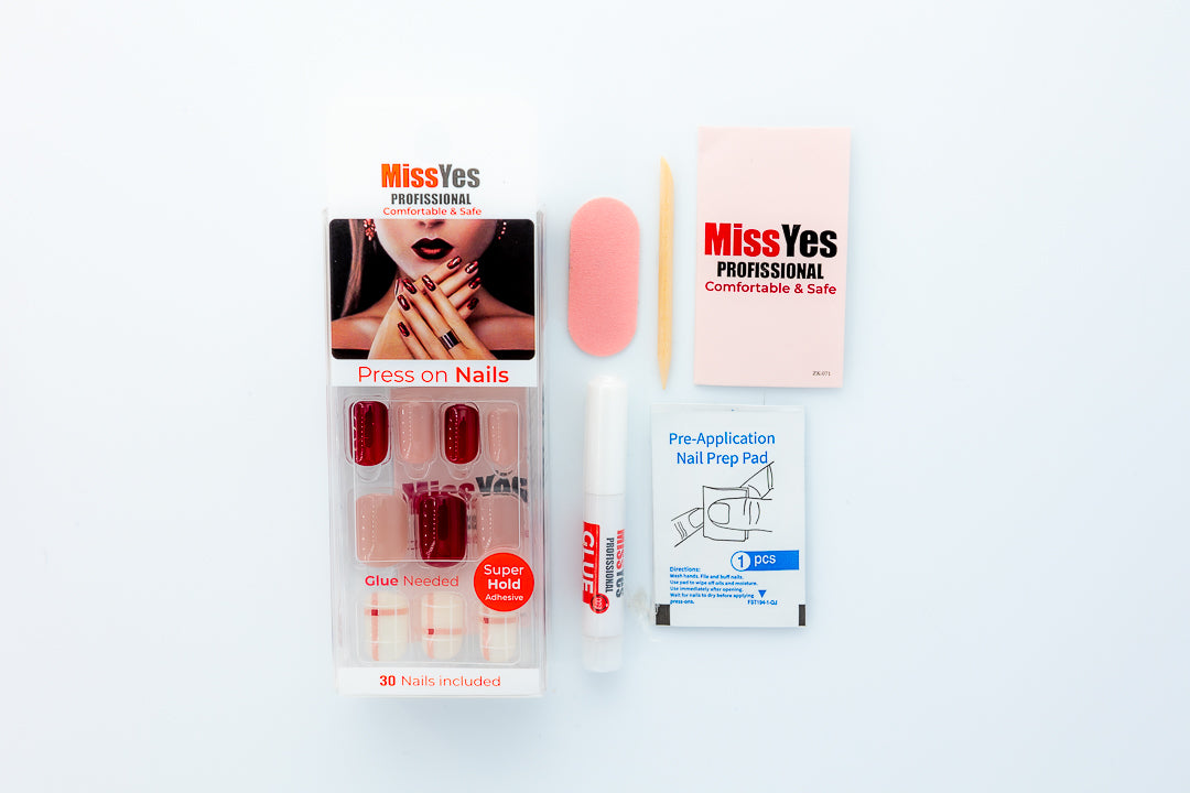MissYes Press-On Nails Red with Beige and White - Squoval