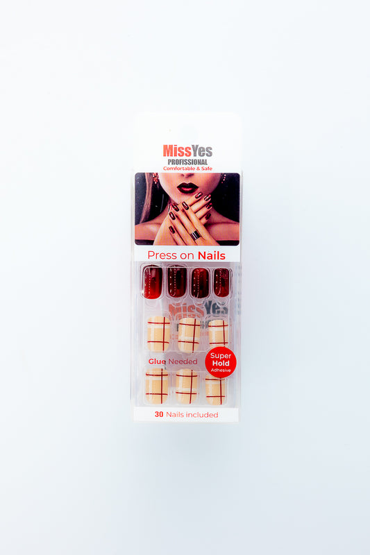 MissYes Press-On Nails Red with Beige – Squoval