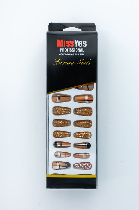 MissYes Press-On Nails Checkered, Floral, Beige, White, Black, Orange with Brilliant - Coffin