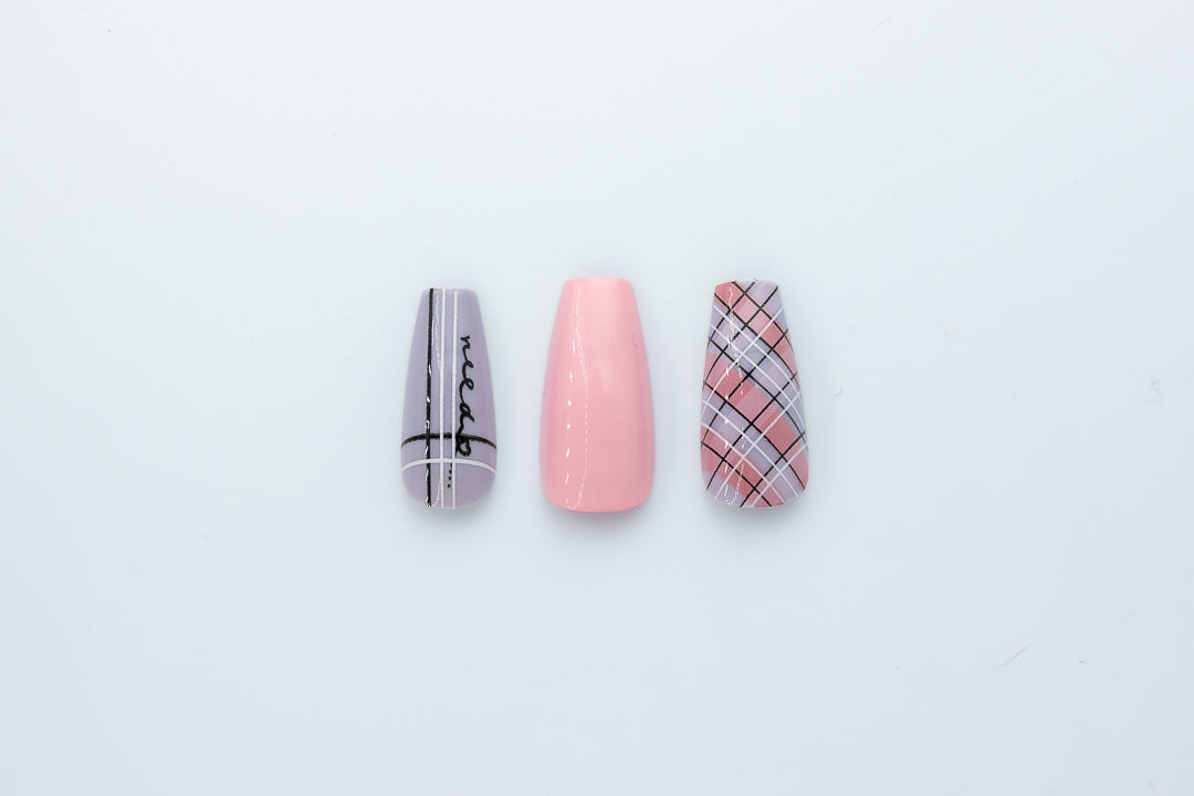 MissYes Press-On Nails Gray Pink With Striped Checkered - Coffin