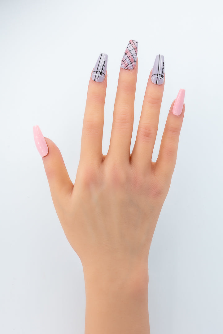 MissYes Press-On Nails Gray Pink With Striped Checkered - Coffin