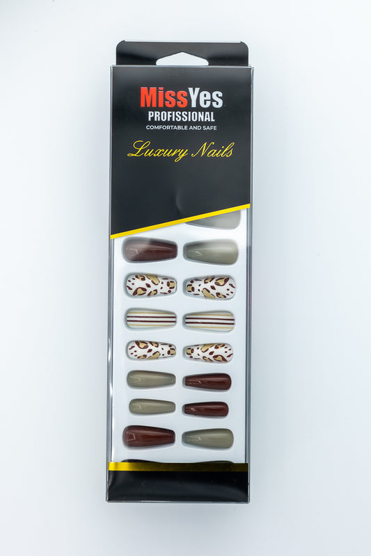MissYes Press-On Nails Brown, Beige and White - Coffin