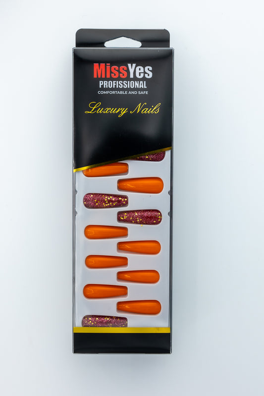 MissYes Press-On Nails Orange with Brilliant - Coffin
