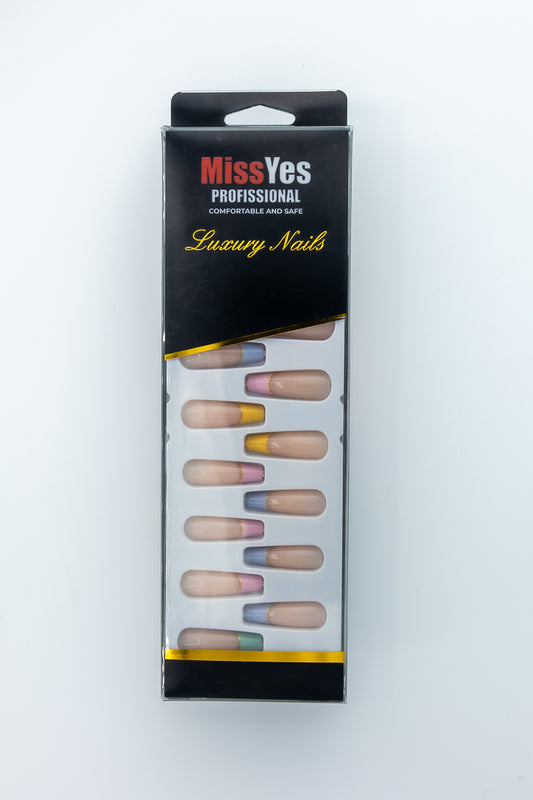 MissYes Press-On Nails French Yellow Blue Pink with Line Gold - Coffin
