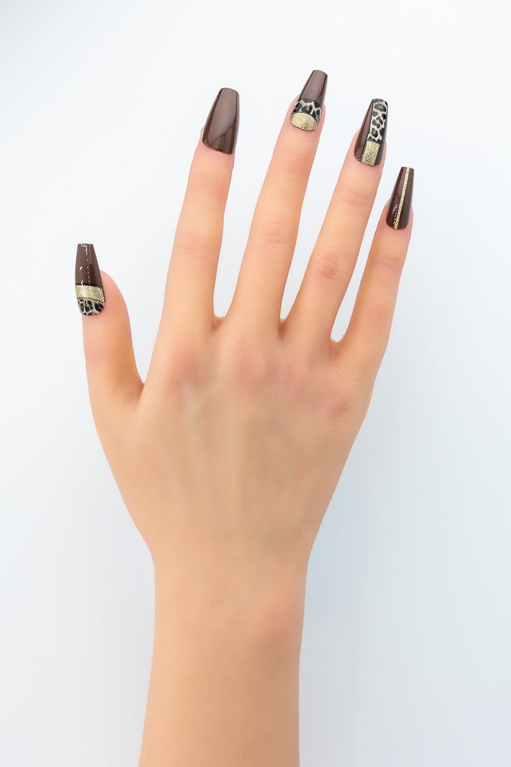 MissYes Press-On Nails Brown and Gold with Floral - Coffin