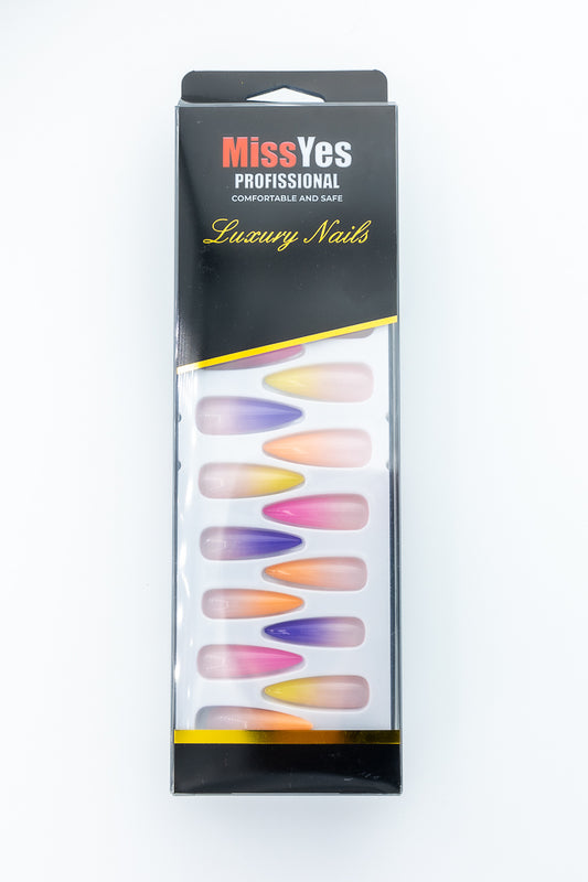 MissYes Press-On Nails Nude with Purple, Orange, Yellow and Pink - Stiletto