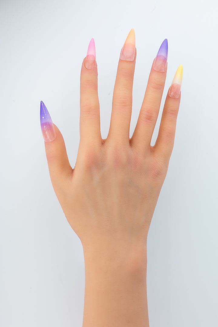 MissYes Press-On Nails Nude with Purple, Orange, Yellow and Pink - Stiletto