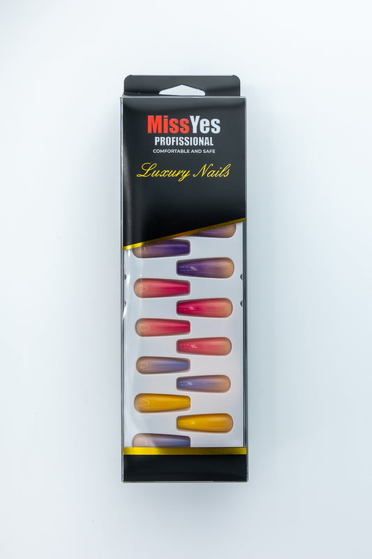 MissYes Press-On Nails Nude With Pink Purple Yellow - Coffin