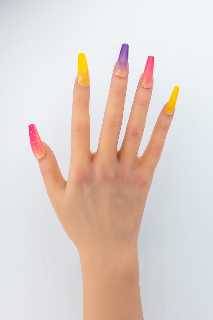 MissYes Press-On Nails Nude With Pink Purple Yellow - Coffin