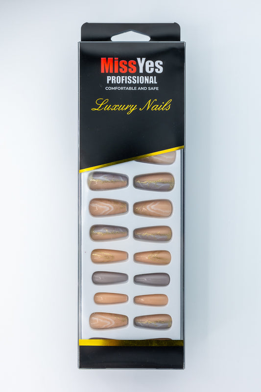 MissYes Press-On Nails Beige Gray with White - Coffin