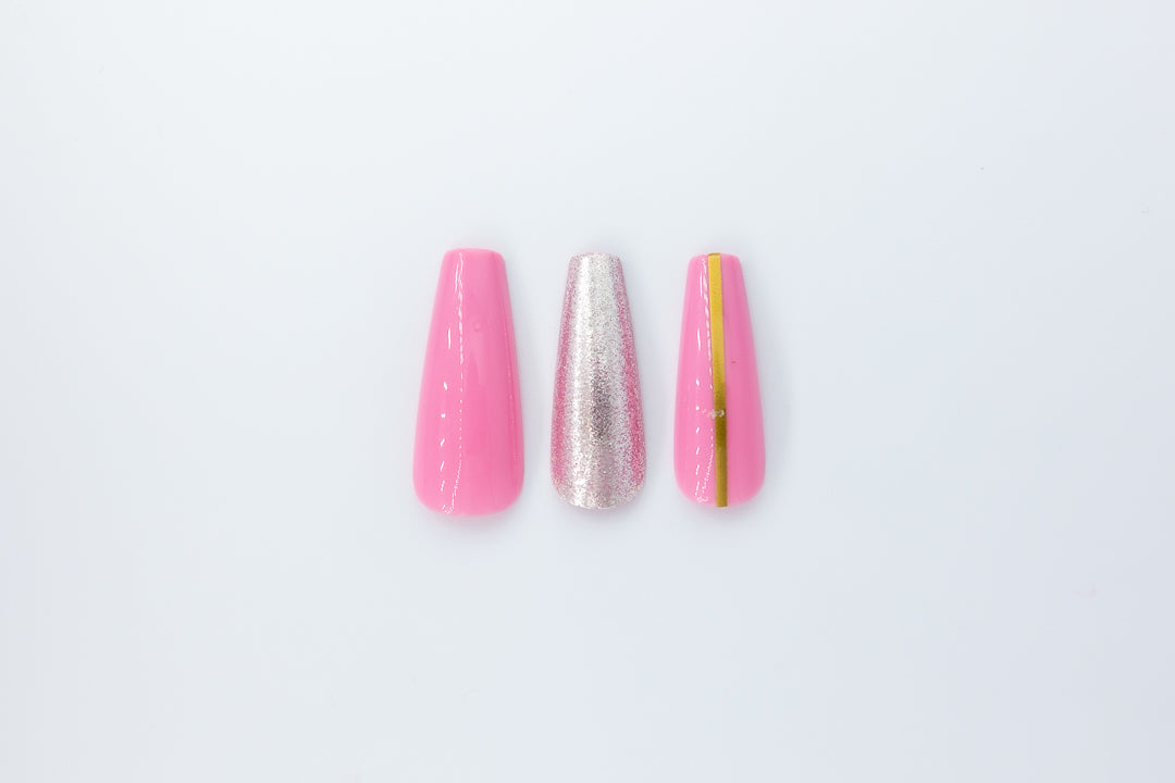 MissYes Press-On Nails Pink Striped Gold Brilliant - Coffin