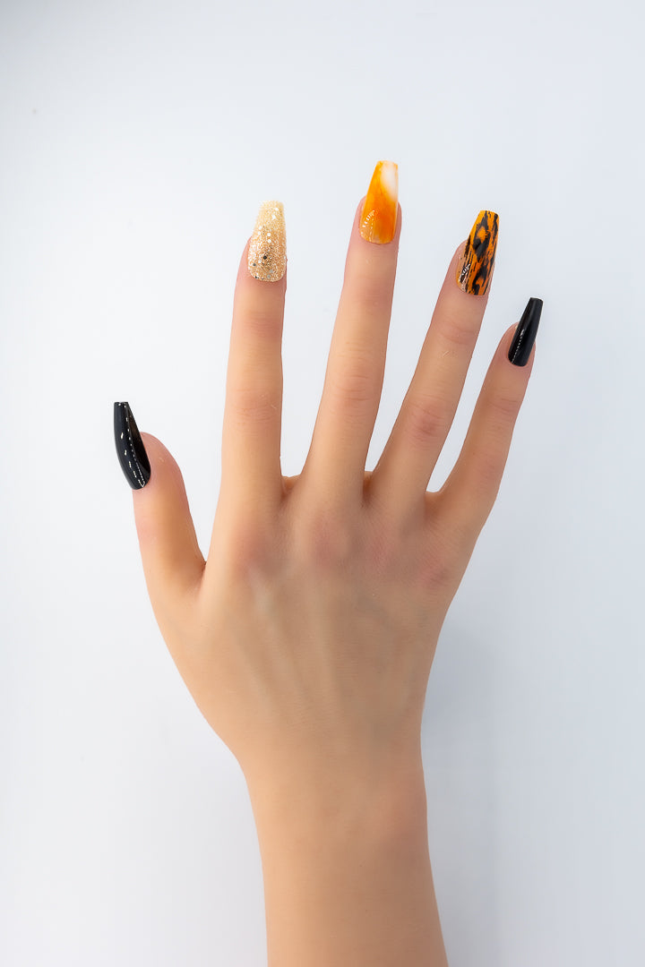 MissYes Press-On Nails Black Orange With Brilliant - Coffin