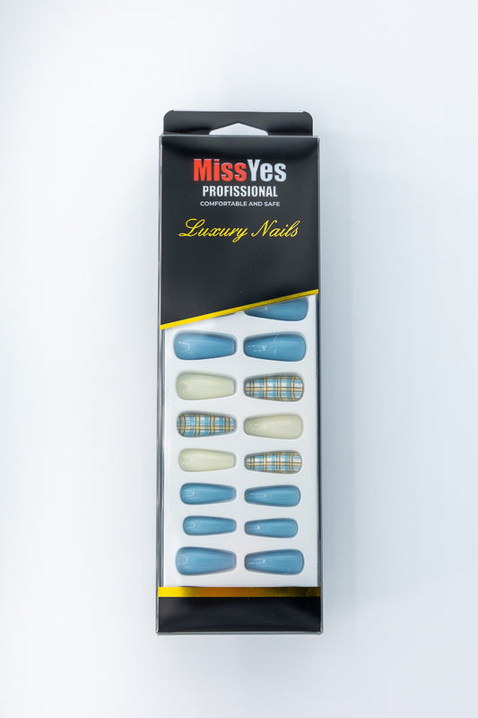 MissYes Press-On Nails Blue White Yellow - Coffin