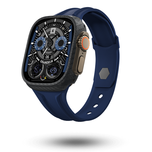 Carbon Fiber Apple Watch Case - Deep Navy Strap